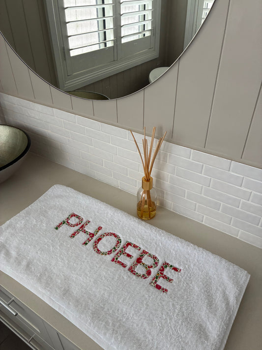 Personalised Bath Towels using Liberty of London Betsy Red for Appliqué