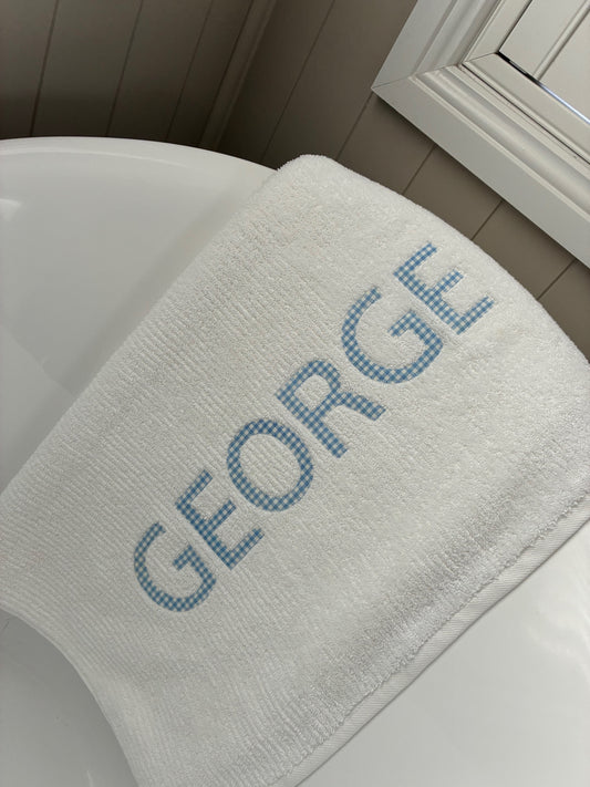 Personalised Bath Towels - Classic Pale Blue & White Gingham Appliqué