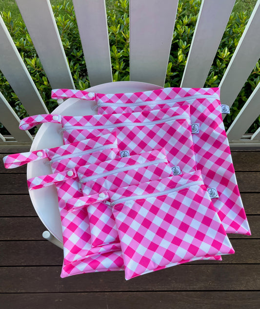 PRE-ORDER Water-resistant wet bags (Love Blooms Pink Gingham - Annette Winter Designs)