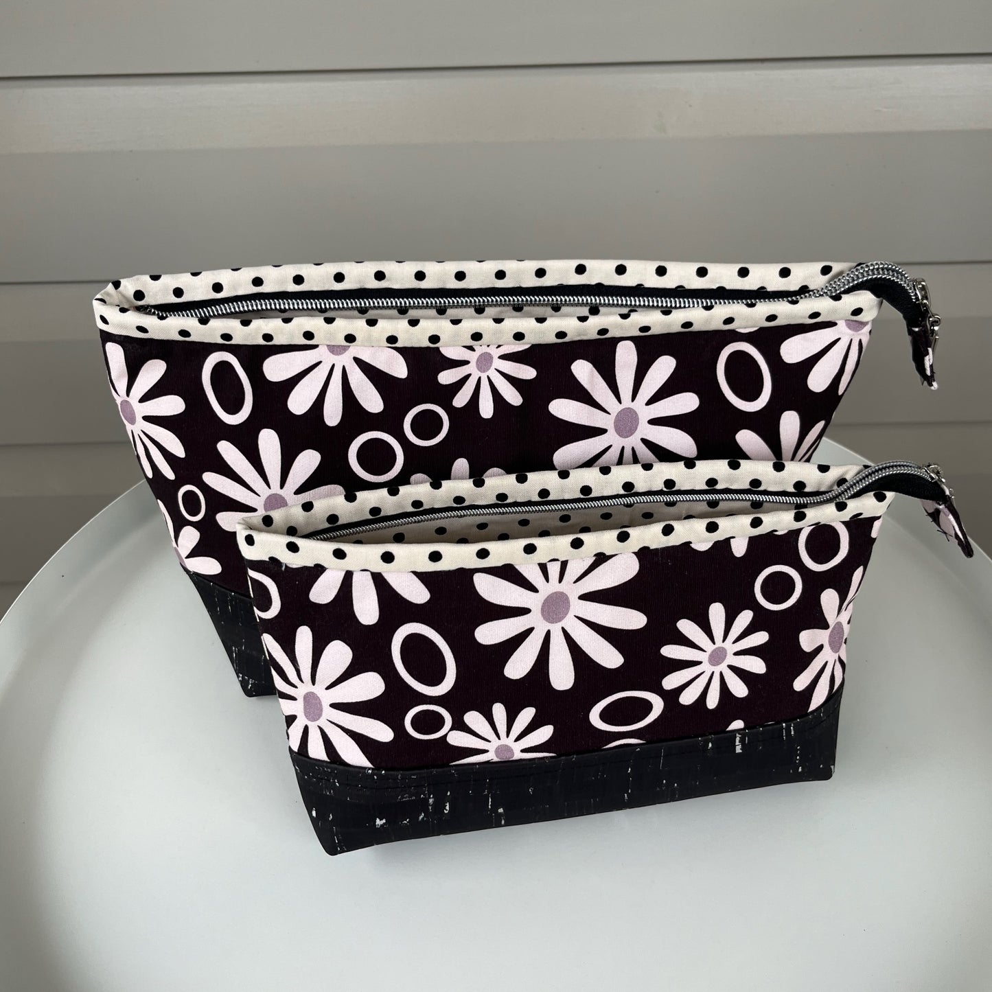 Lola Pouch - Funky Daisies with Black and Silver speck Portuguese cork (Anzela Simcock)