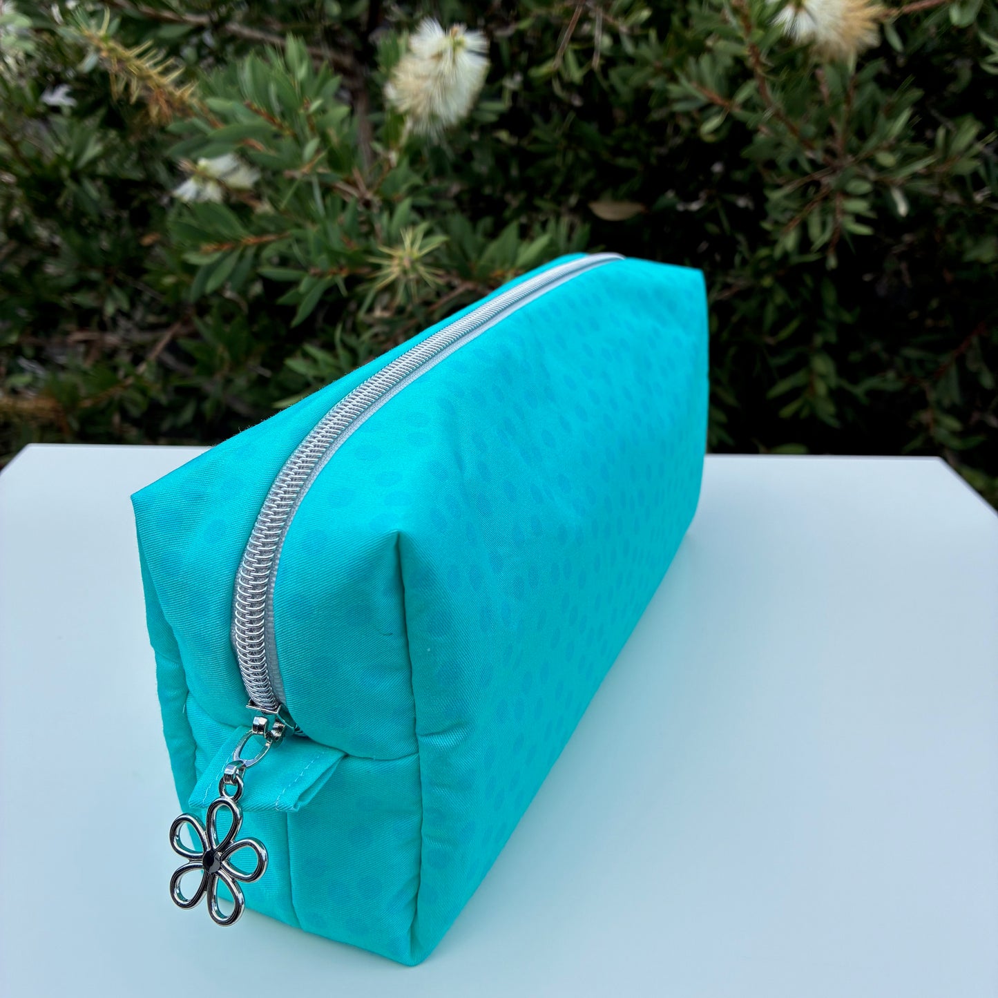 CUSTOM ORDER FOR NICOLE - Bilby Pouch - Small Aqua Spots lined with Spring Bloom (Wonderland Design Co)
