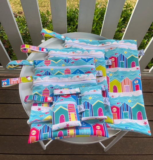 PRE-ORDER Water-resistant wet bags - Colourful Beach Huts (Ladybird and Roar)