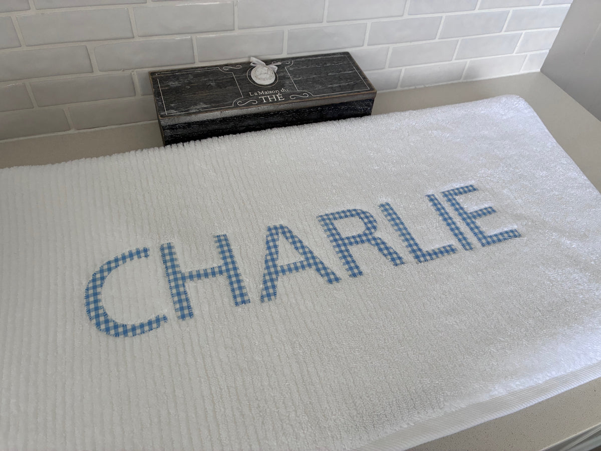 Personalised Bath Towels - Classic Pale Blue & White Gingham Appliqué