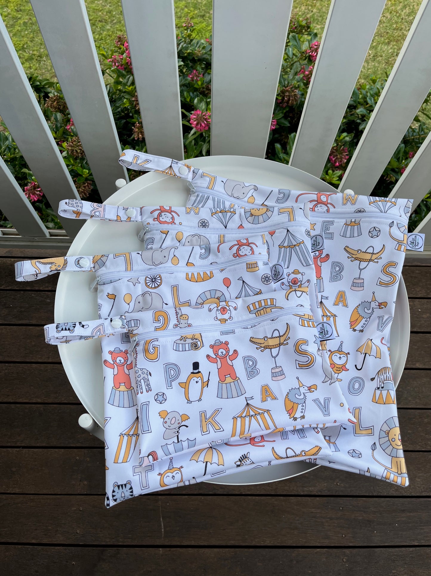 PRE-ORDER Water-resistant wet bags - Animal Circus Alphabet (Cecca Designs)