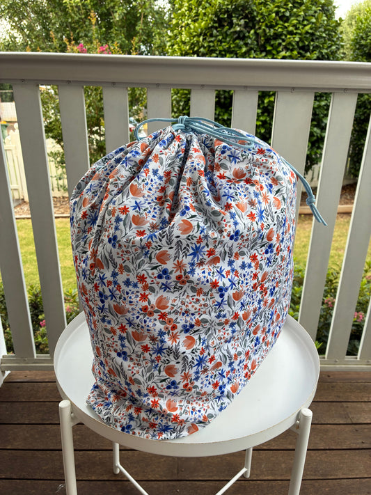 Water-resistant X-Large Drawstring Wet Bag - Orange and Blue Watercolour Floral (Eszter's Creations)