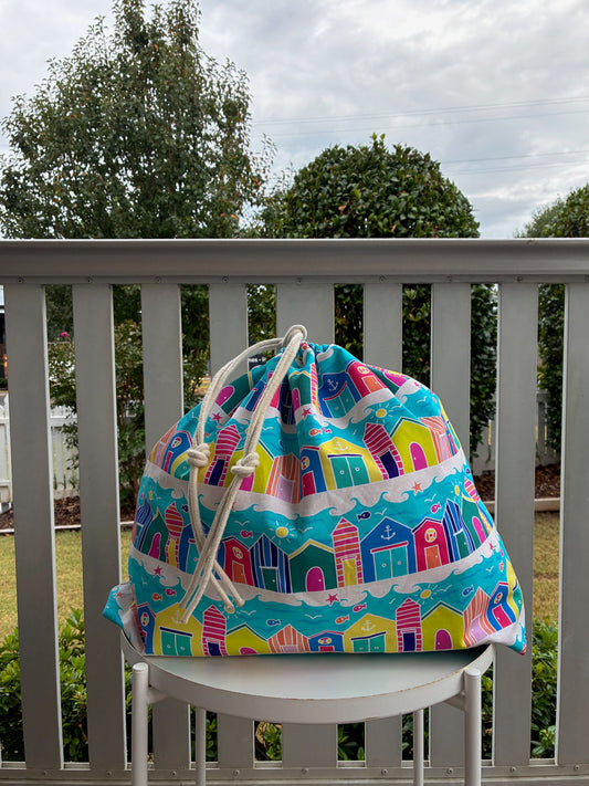X-Large Drawstring Waterproof Canvas Bag - Colourful Beach Huts (Ladybird and Roar)