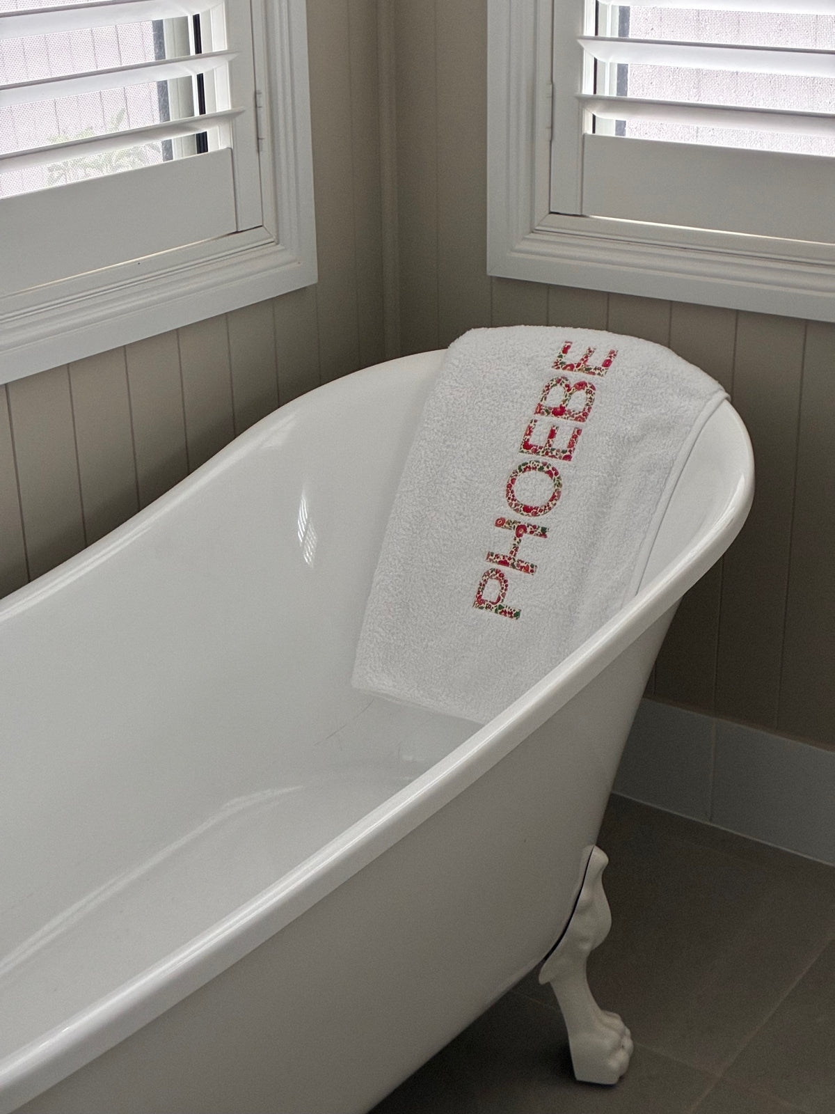 Personalised Bath Towels using Liberty of London Betsy Red for Appliqué