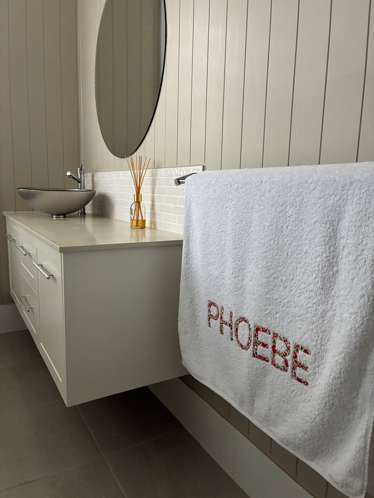 Personalised Bath Towels using Liberty of London Betsy Red for Appliqué