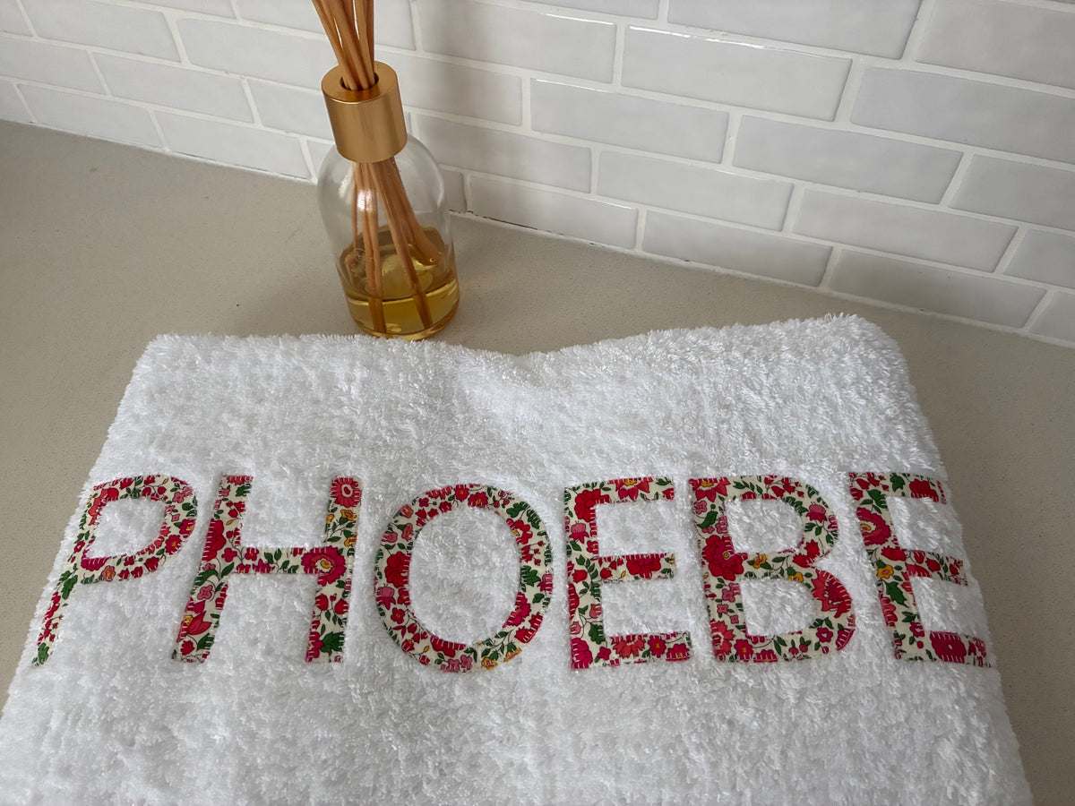 Personalised Bath Towels using Liberty of London Betsy Red for Appliqué