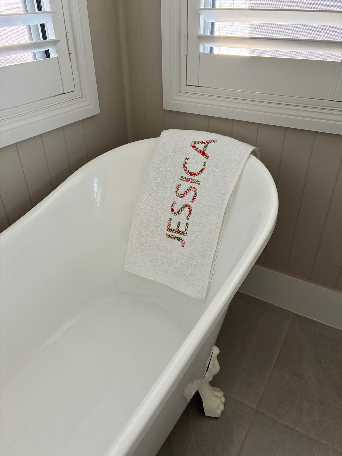 Personalised Bath Towels using Liberty of London Betsy Red for Appliqué
