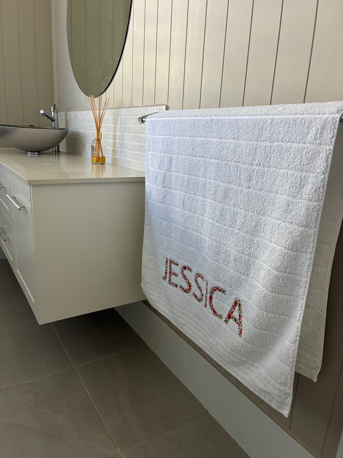 Personalised Bath Towels using Liberty of London Betsy Red for Appliqué