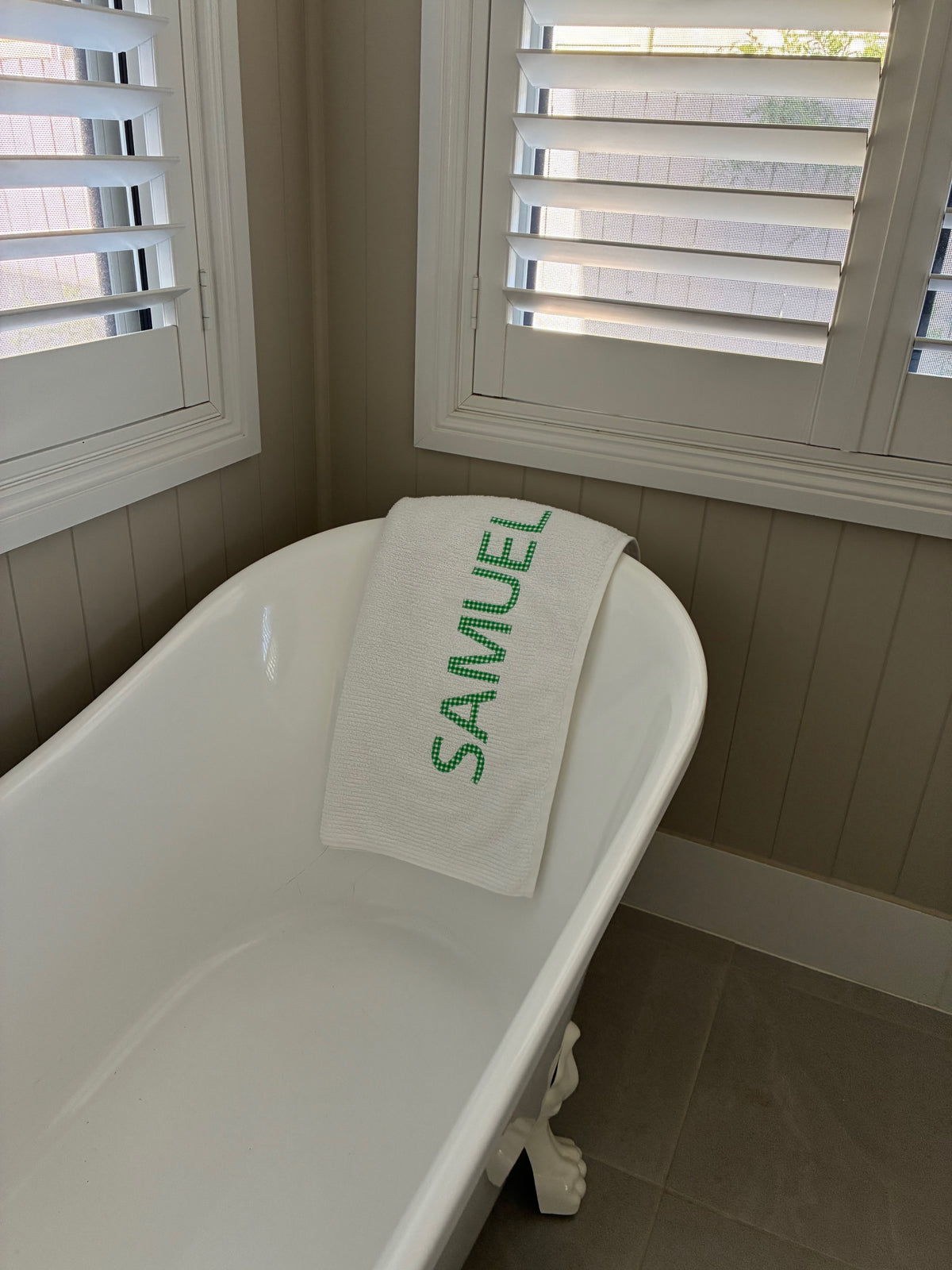 Personalised Bath Towels - Classic Green & White Gingham Appliqué