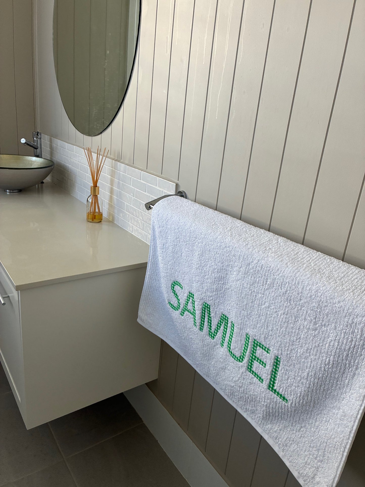 Personalised Bath Towels using Liberty of London or Gingham Fabric for Appliqué
