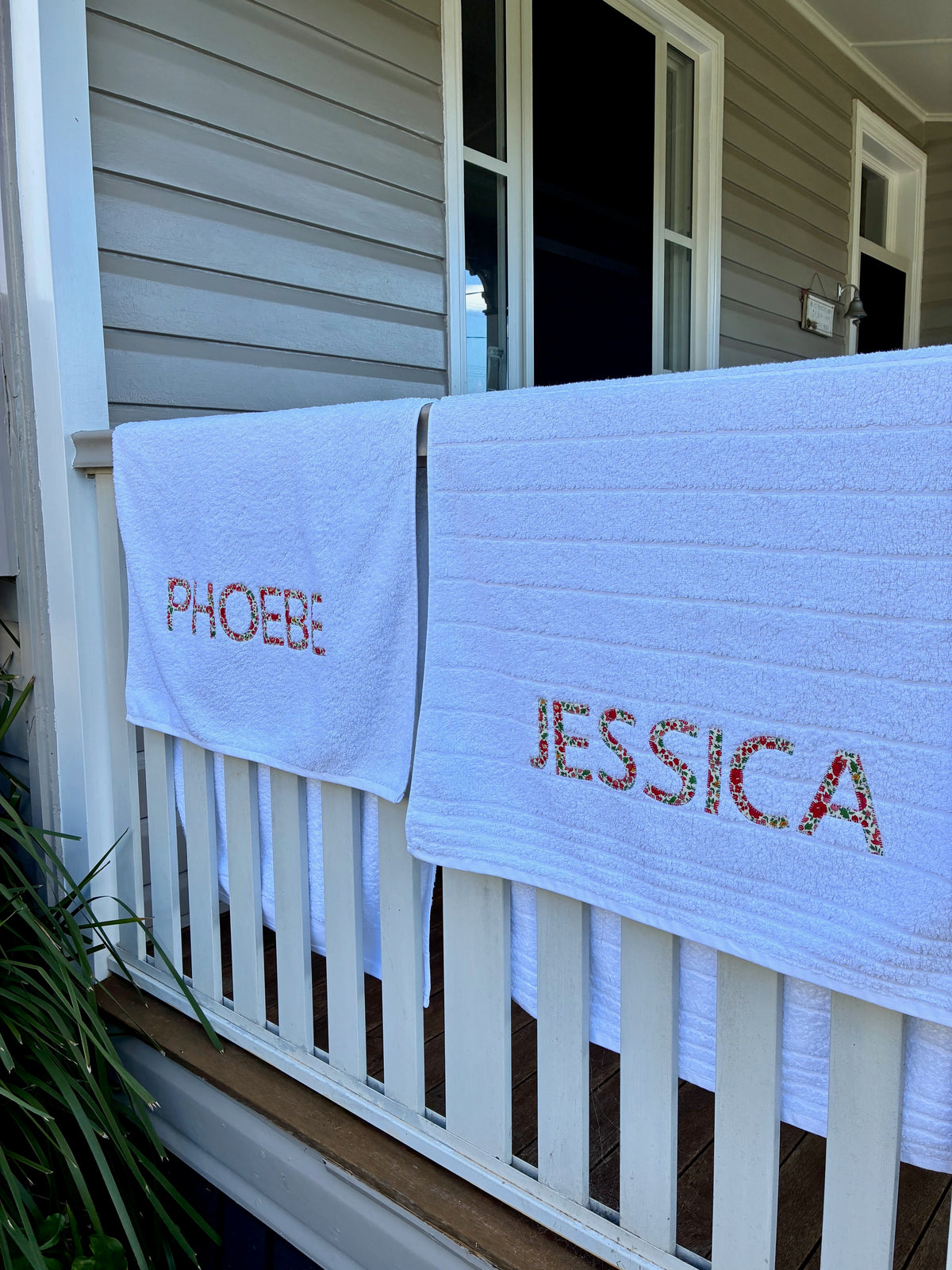 Personalised Bath Towels using Liberty of London Betsy Red for Appliqué