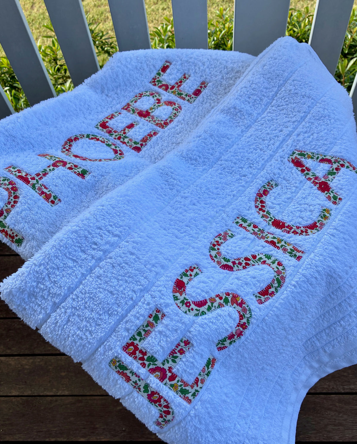 Personalised Bath Towels using Liberty of London Betsy Red for Appliqué