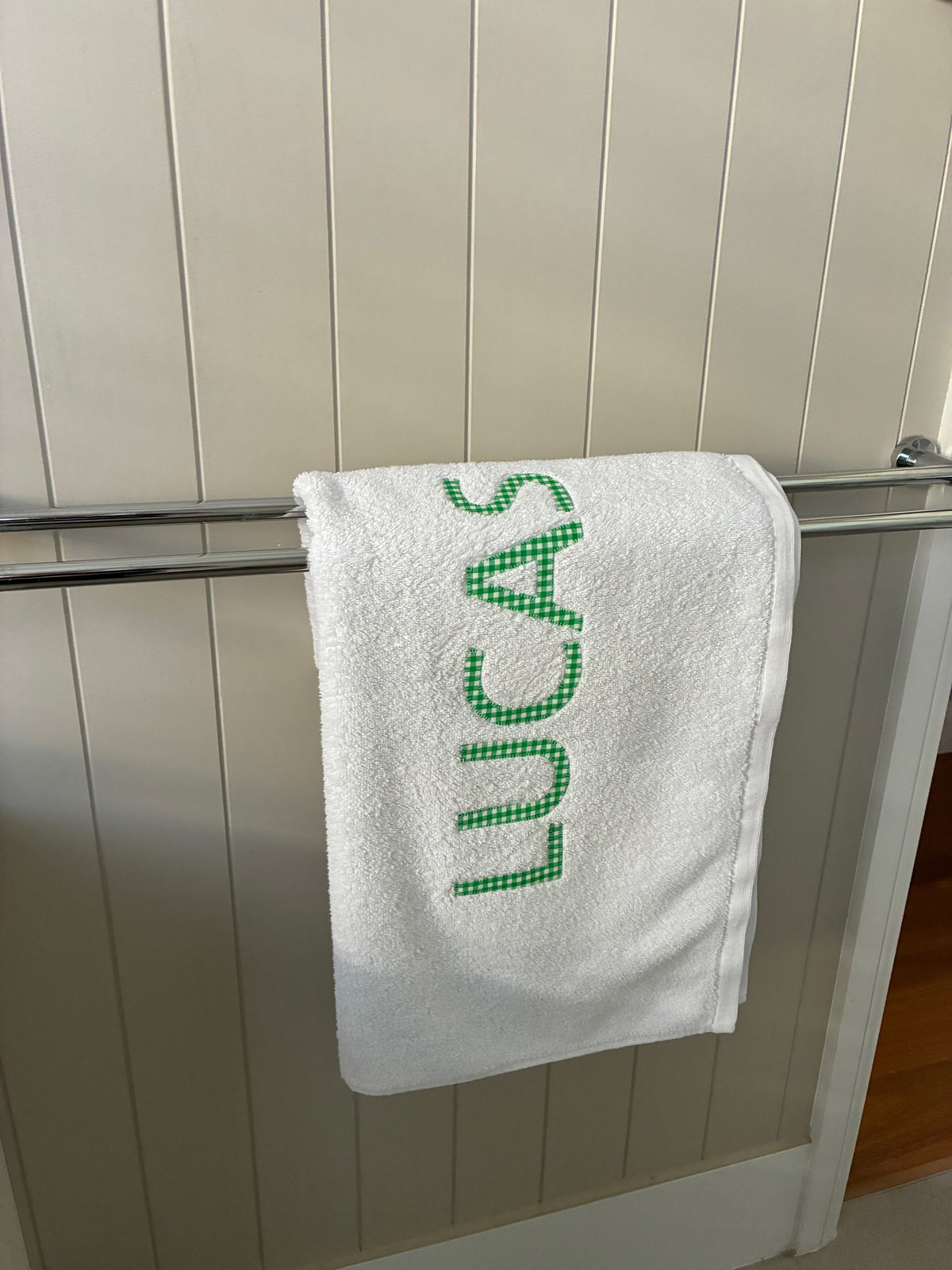 Personalised Bath Towels - Classic Green & White Gingham Appliqué