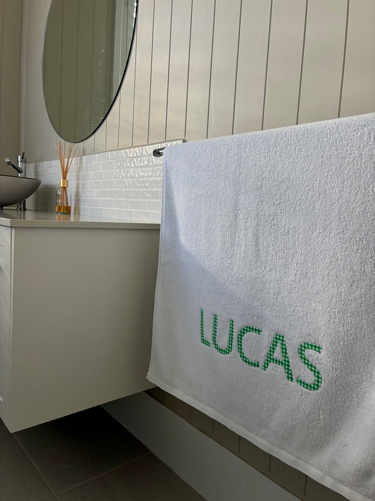 Personalised Bath Towels - Classic Green & White Gingham Appliqué