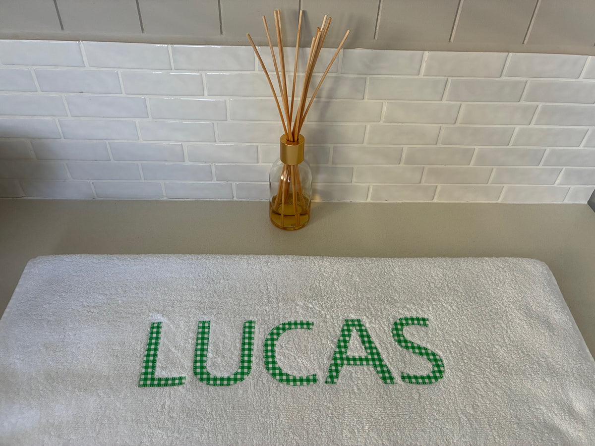 Personalised Bath Towels - Classic Green & White Gingham Appliqué