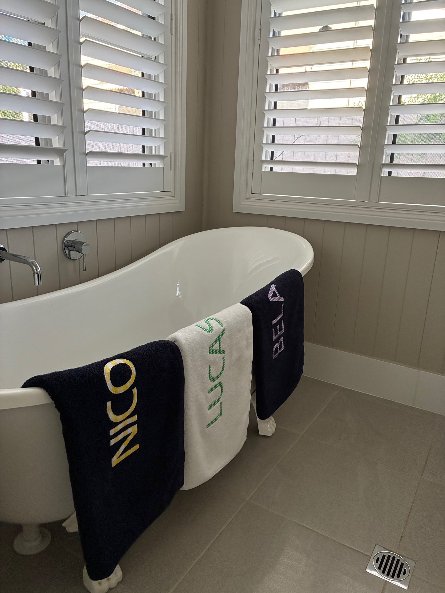 Personalised Bath Towels using Liberty of London or Gingham Fabric for Appliqué