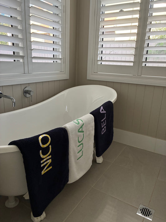 Personalised Bath Towels using Liberty of London or Gingham Fabric for Appliqué