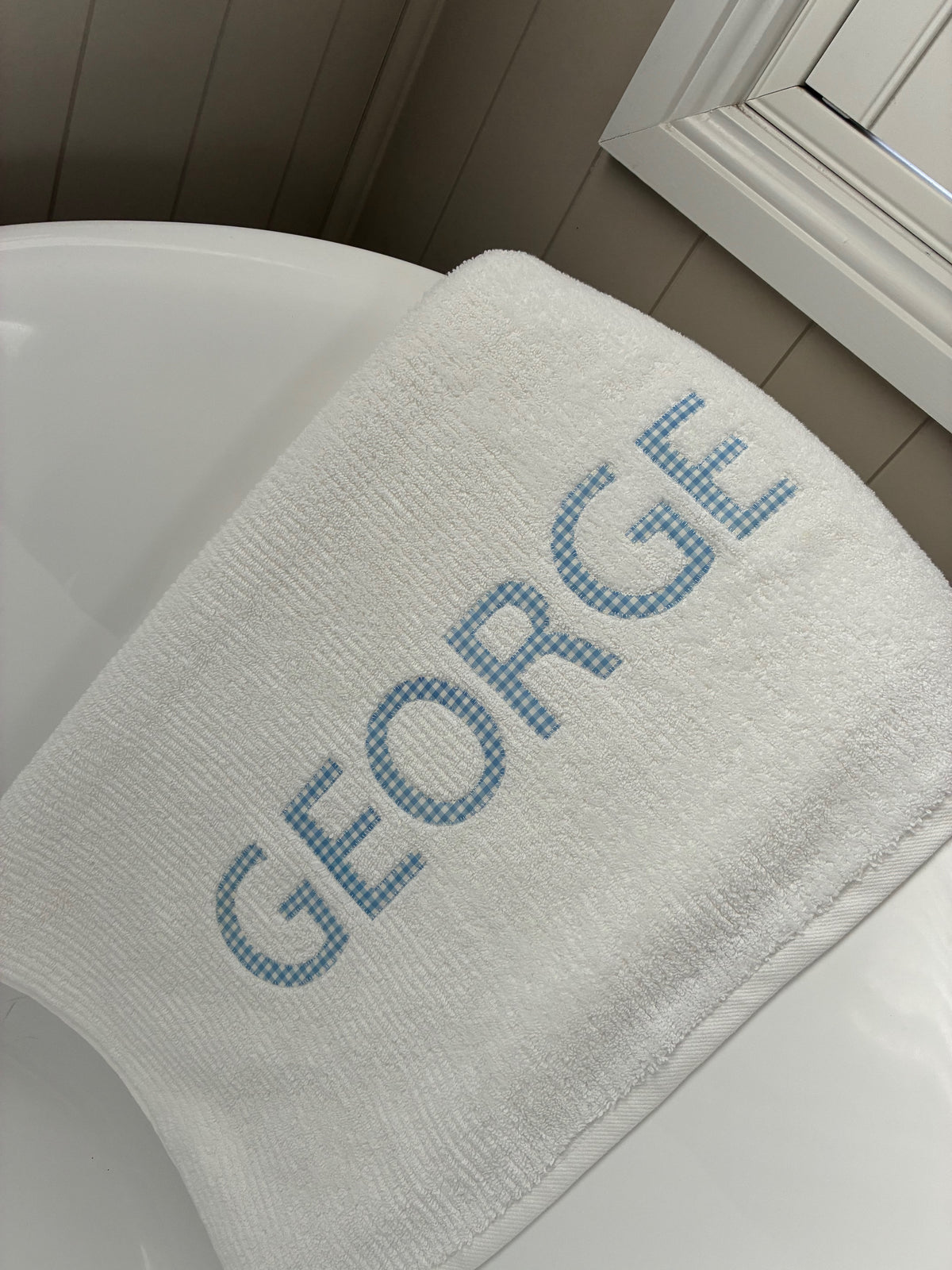 Personalised Bath Towels - Classic Pale Blue & White Gingham Appliqué