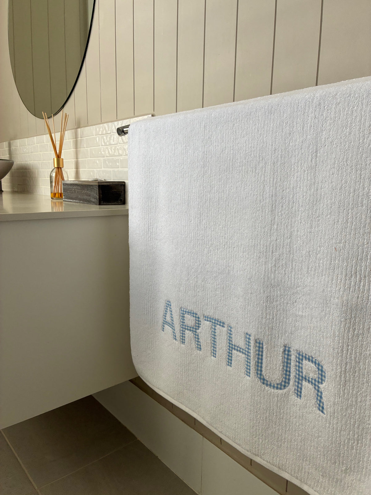 Personalised Bath Towels - Classic Pale Blue & White Gingham Appliqué