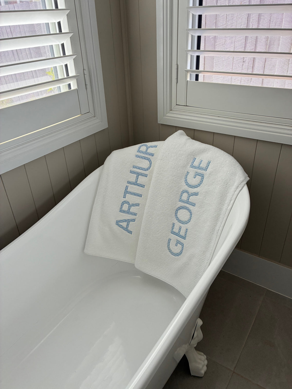 Personalised Bath Towels - Classic Pale Blue & White Gingham Appliqué