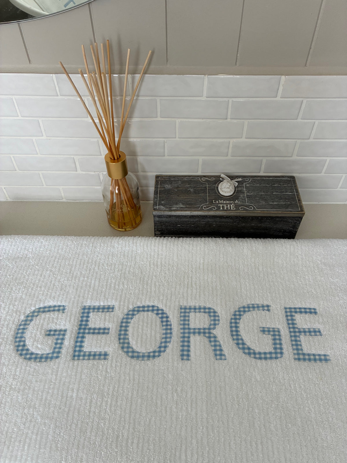 Personalised Bath Towels - Classic Pale Blue & White Gingham Appliqué