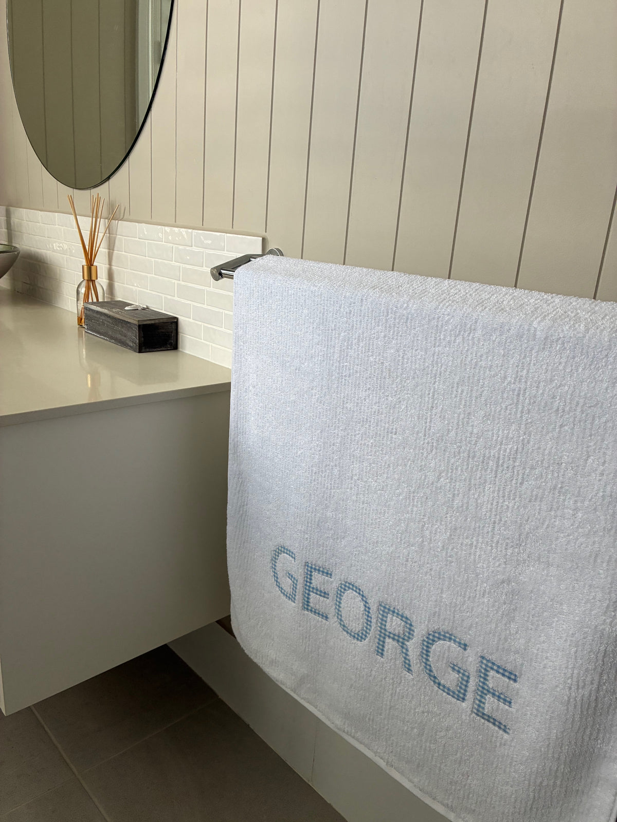 Personalised Bath Towels - Classic Pale Blue & White Gingham Appliqué