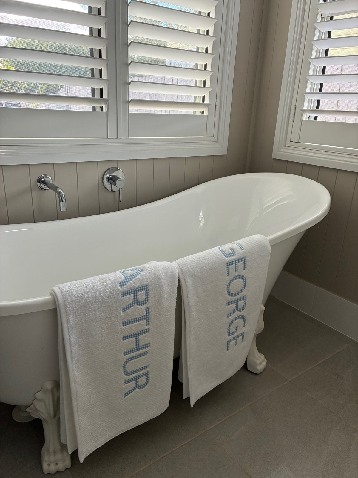 Personalised Bath Towels - Classic Pale Blue & White Gingham Appliqué
