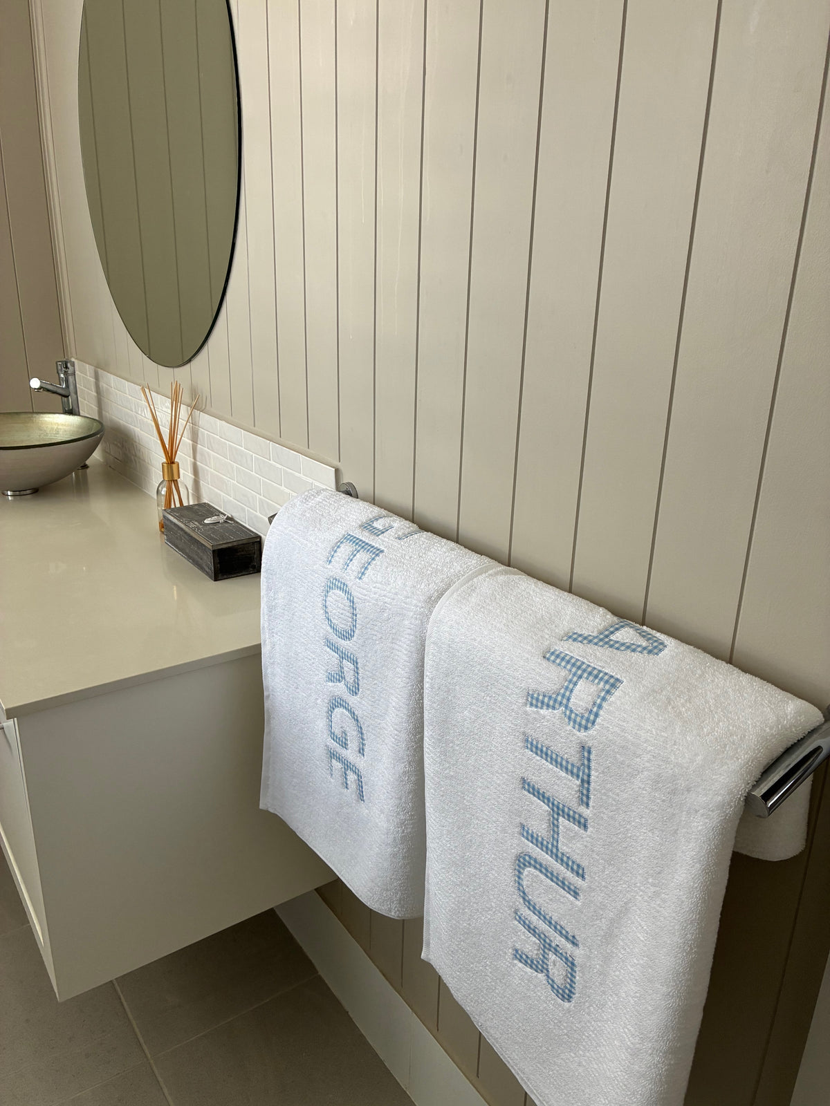 Personalised Bath Towels - Classic Pale Blue & White Gingham Appliqué