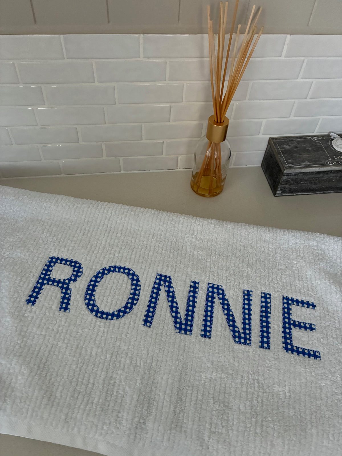 Personalised Bath Towels - Classic Dark Blue & White Gingham Appliqué