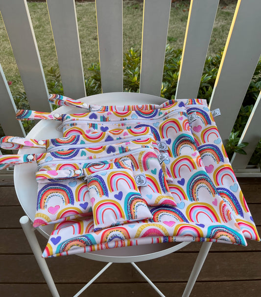 PRE-ORDER Water-resistant wet bags - Rainbows with Hearts and Leopard (Kate Hennessy Design)