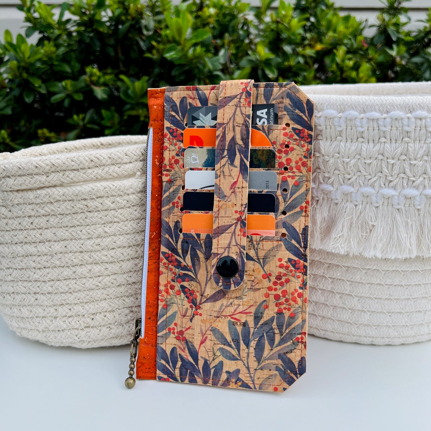 Purse Pal Wallet - Portuguese Cork  (Leaf design coupled with Burnt Orange)