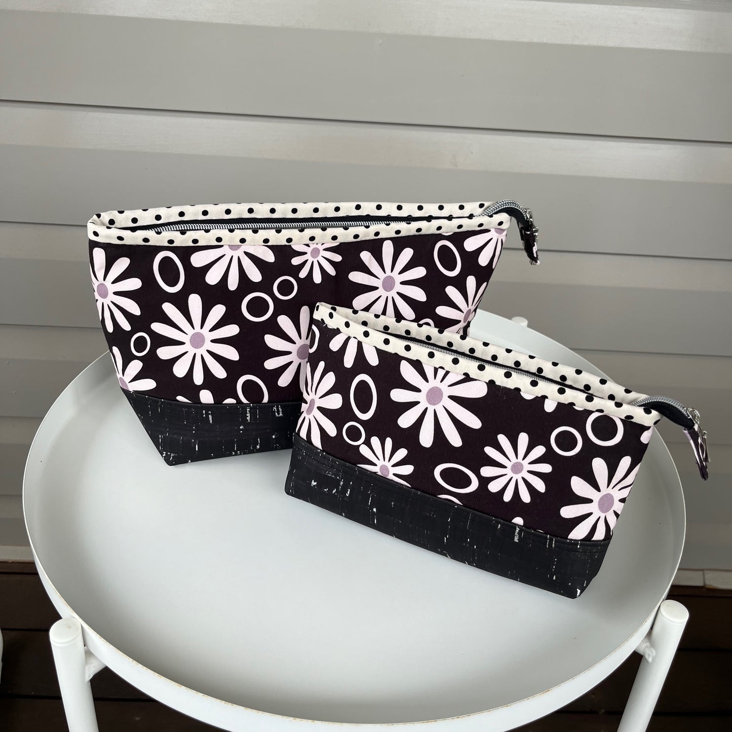 Lola Pouch - Funky Daisies with Black and Silver speck Portuguese cork (Anzela Simcock)