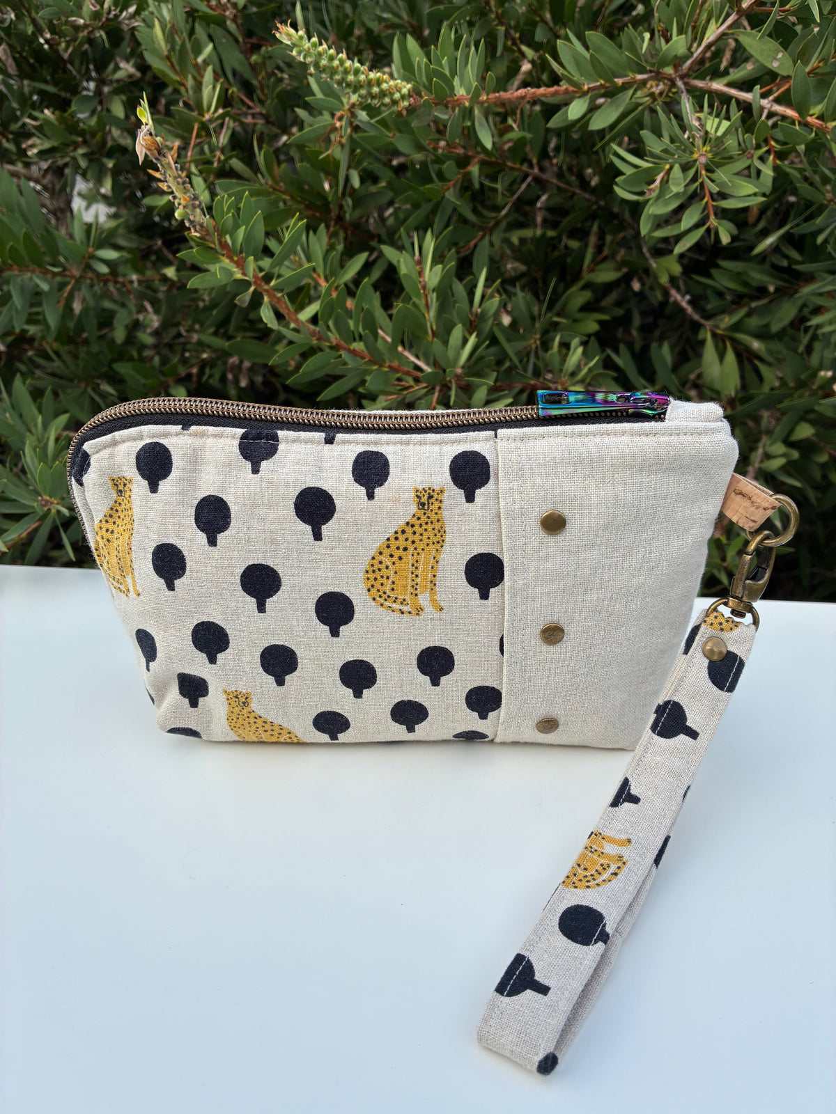 Turnabout Pouch - Leopard print coupled with linen