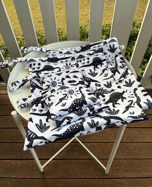 PRE-ORDER Water-resistant wet bags - Monochrome Abstract Dinos (Ladybird and Roar)
