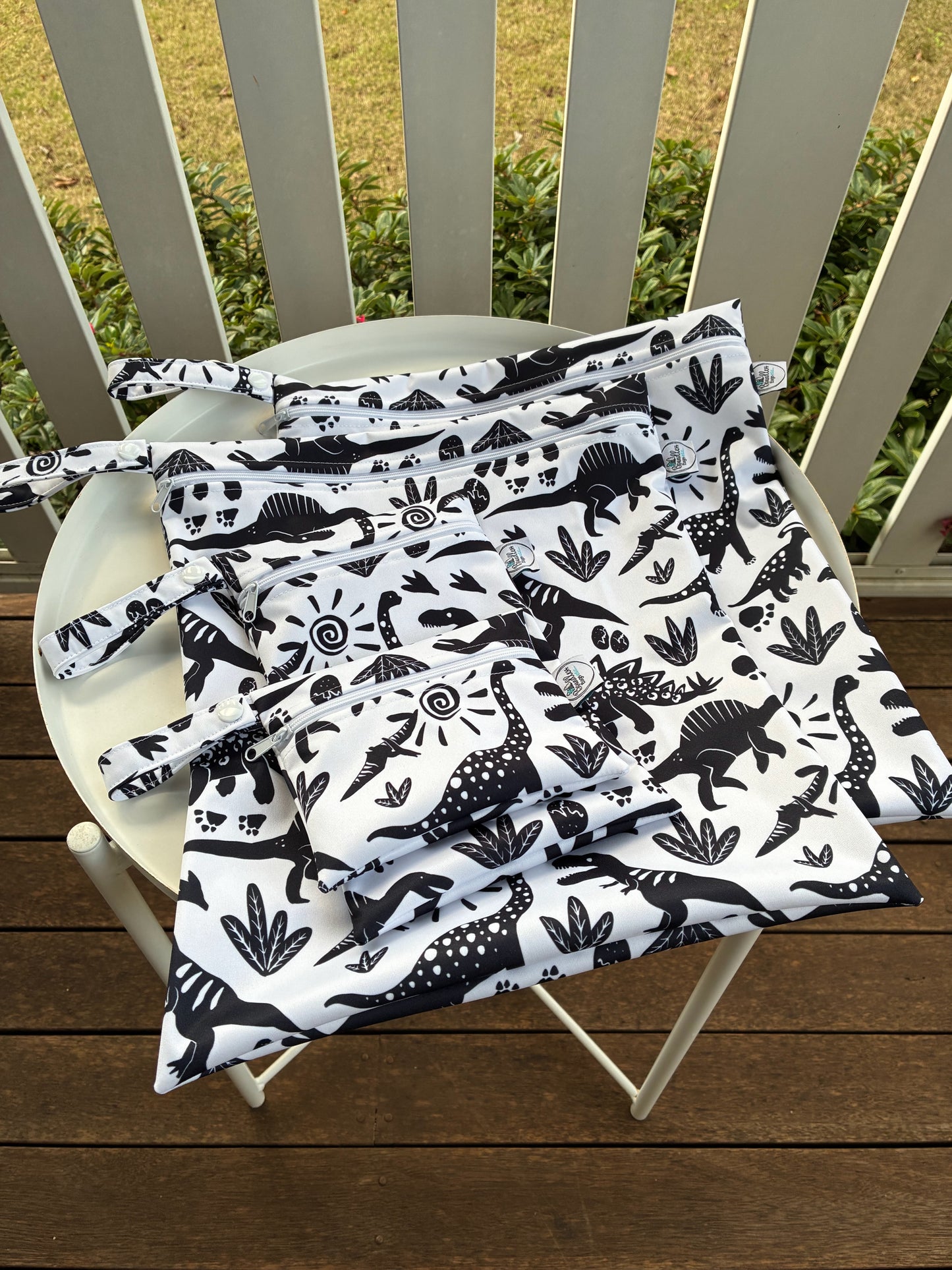 Water-resistant wet bags - Monochrome Abstract Dinos (Ladybird and Roar)