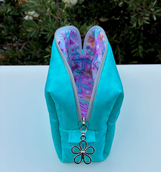 CUSTOM ORDER FOR NICOLE - Bilby Pouch - Small Aqua Spots lined with Spring Bloom (Wonderland Design Co)