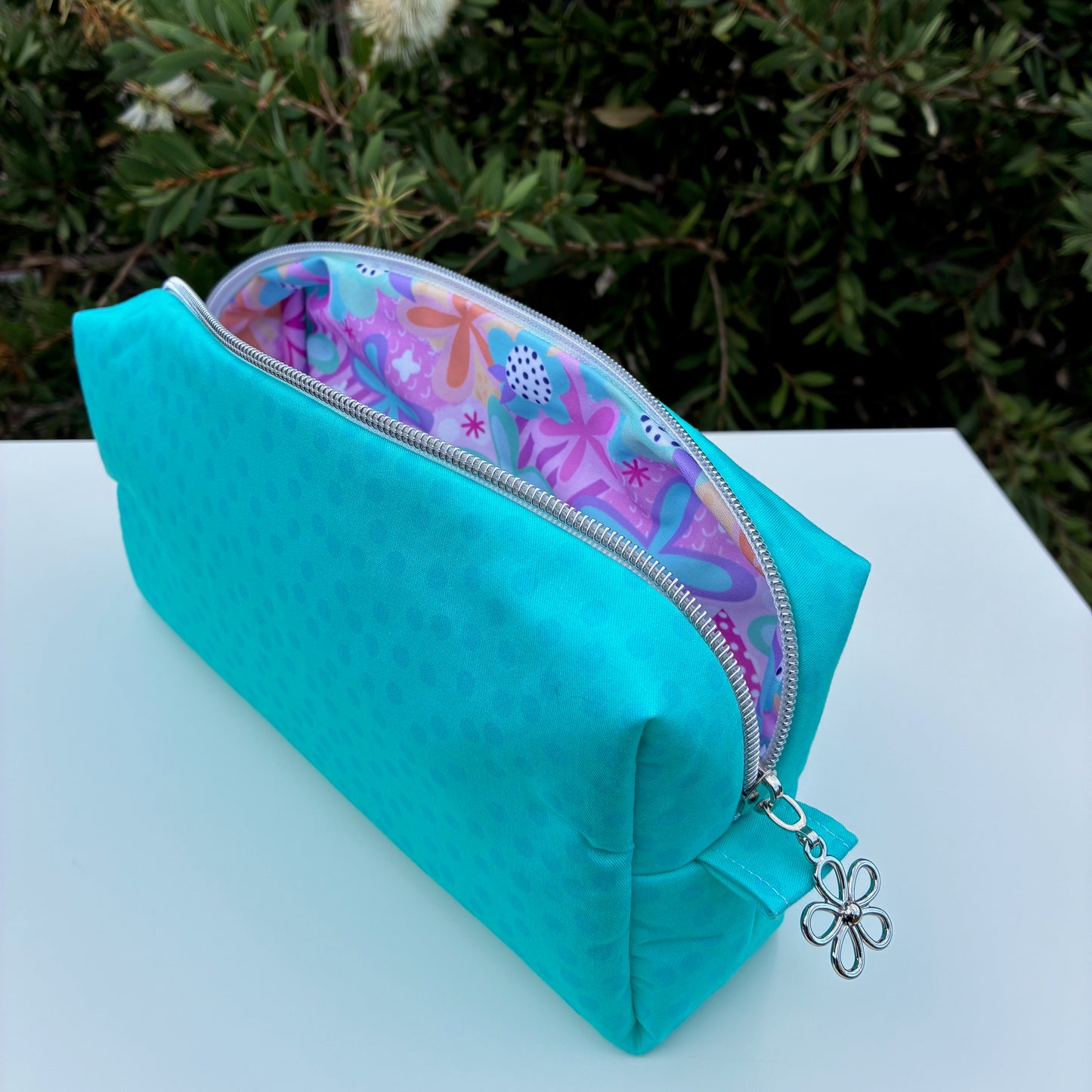 CUSTOM ORDER FOR NICOLE - Bilby Pouch - Small Aqua Spots lined with Spring Bloom (Wonderland Design Co)