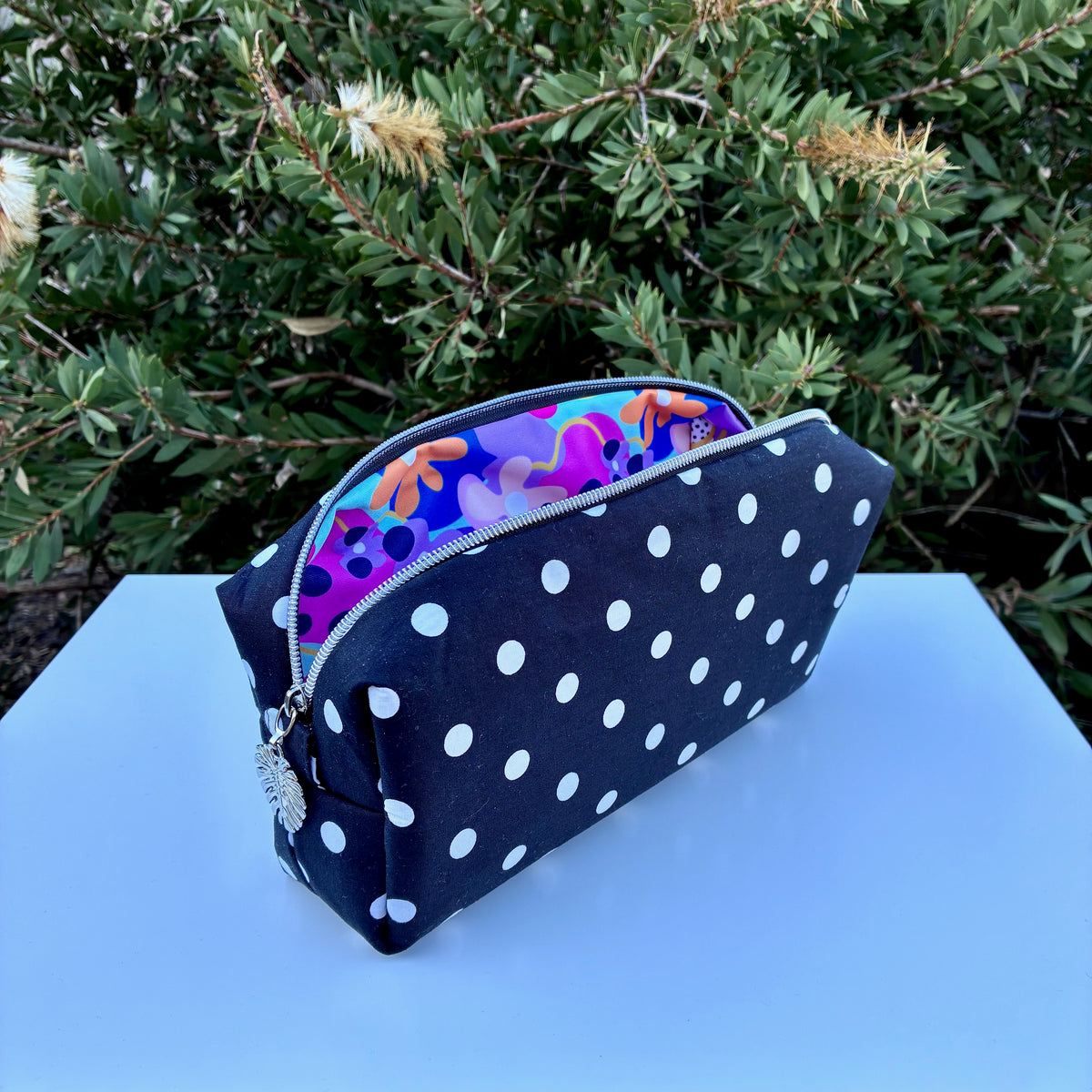 Bilby Pouch - Black and White Spots lined with Wonderbloom (Wonderland Design Co)