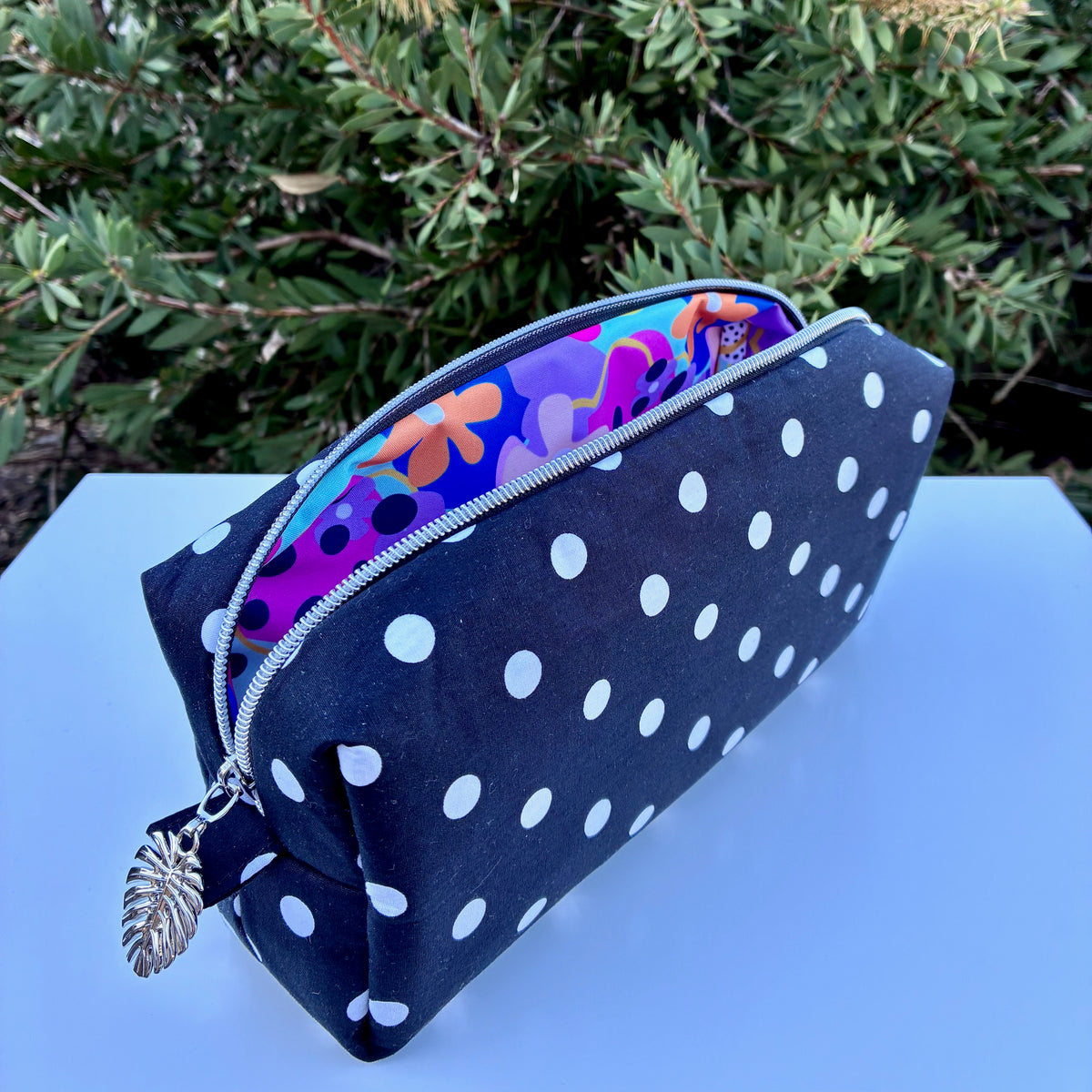 Bilby Pouch - Black and White Spots lined with Wonderbloom (Wonderland Design Co)