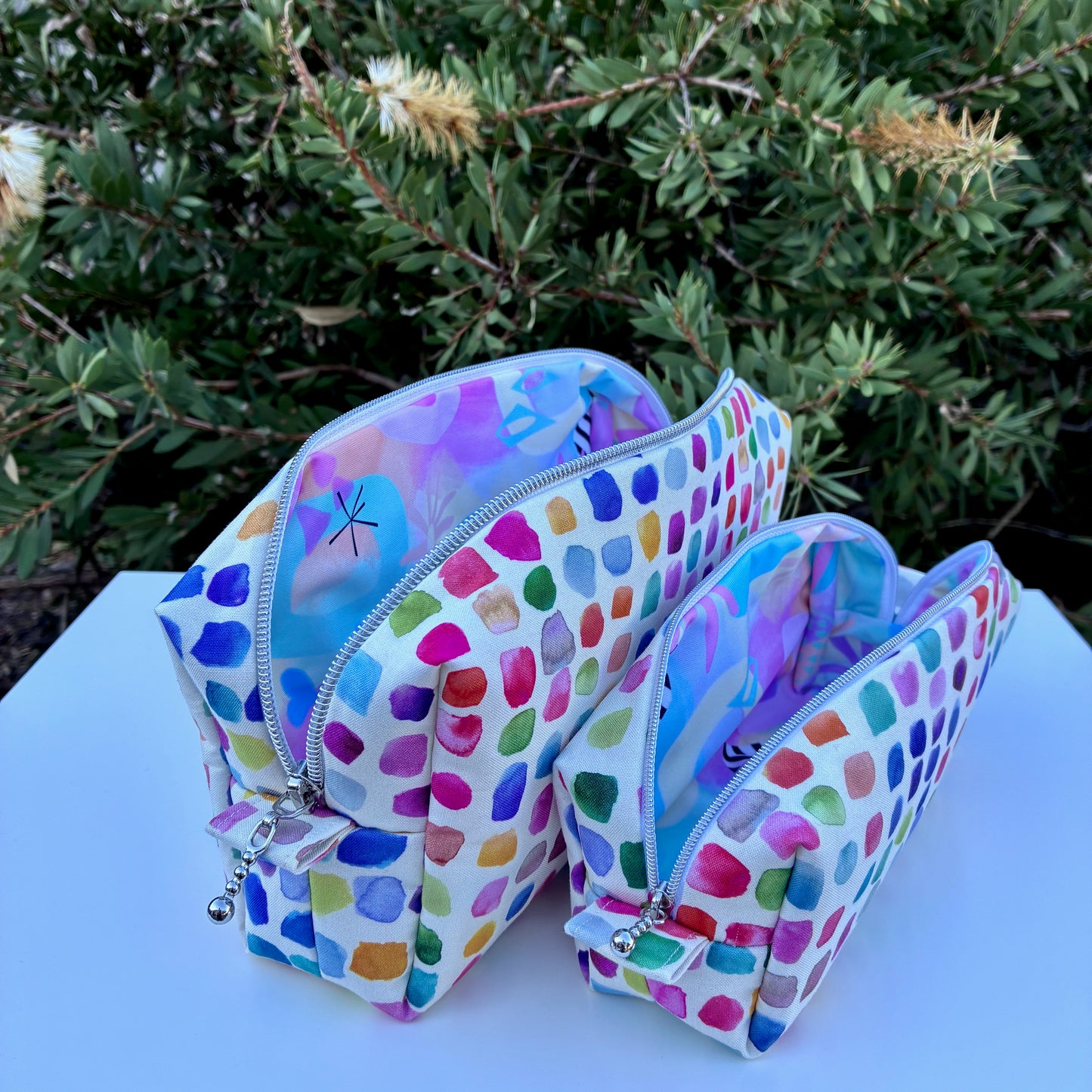 CUSTOM ORDER FOR MANDY - Bilby Pouch - Flowers Wee Colour Library Multi Bluebellgray lined wth Peaches and Blush