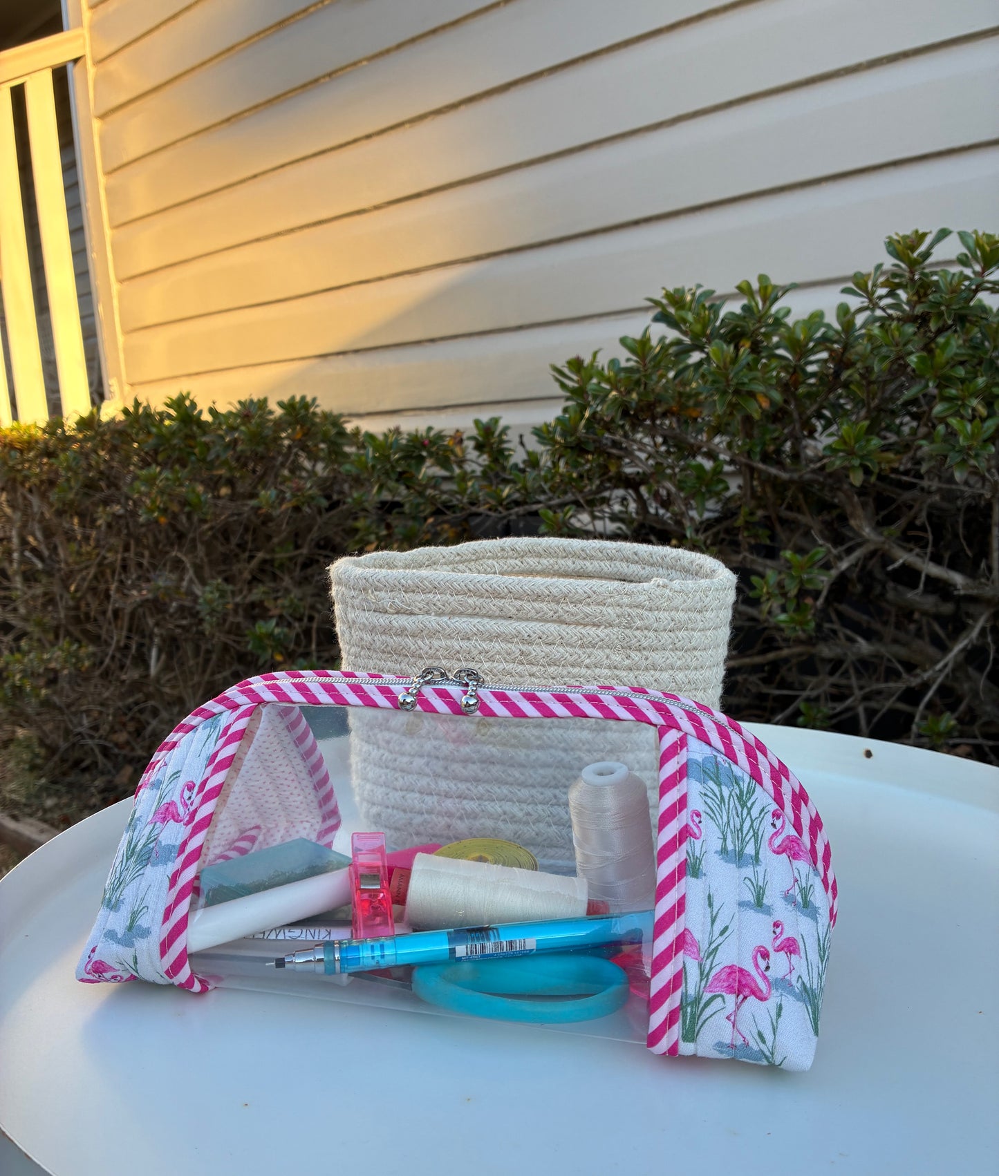 CUSTOM ORDER FOR ALISON - Clearly Trixie pouch - Flamingos with Reeds (Lisa Green Pattern Designs)