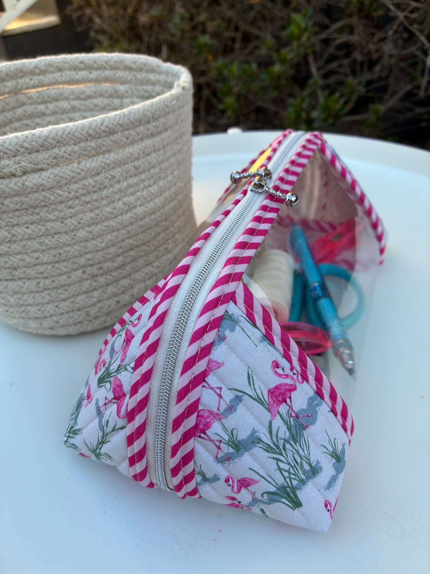 CUSTOM ORDER FOR ALISON - Clearly Trixie pouch - Flamingos with Reeds (Lisa Green Pattern Designs)
