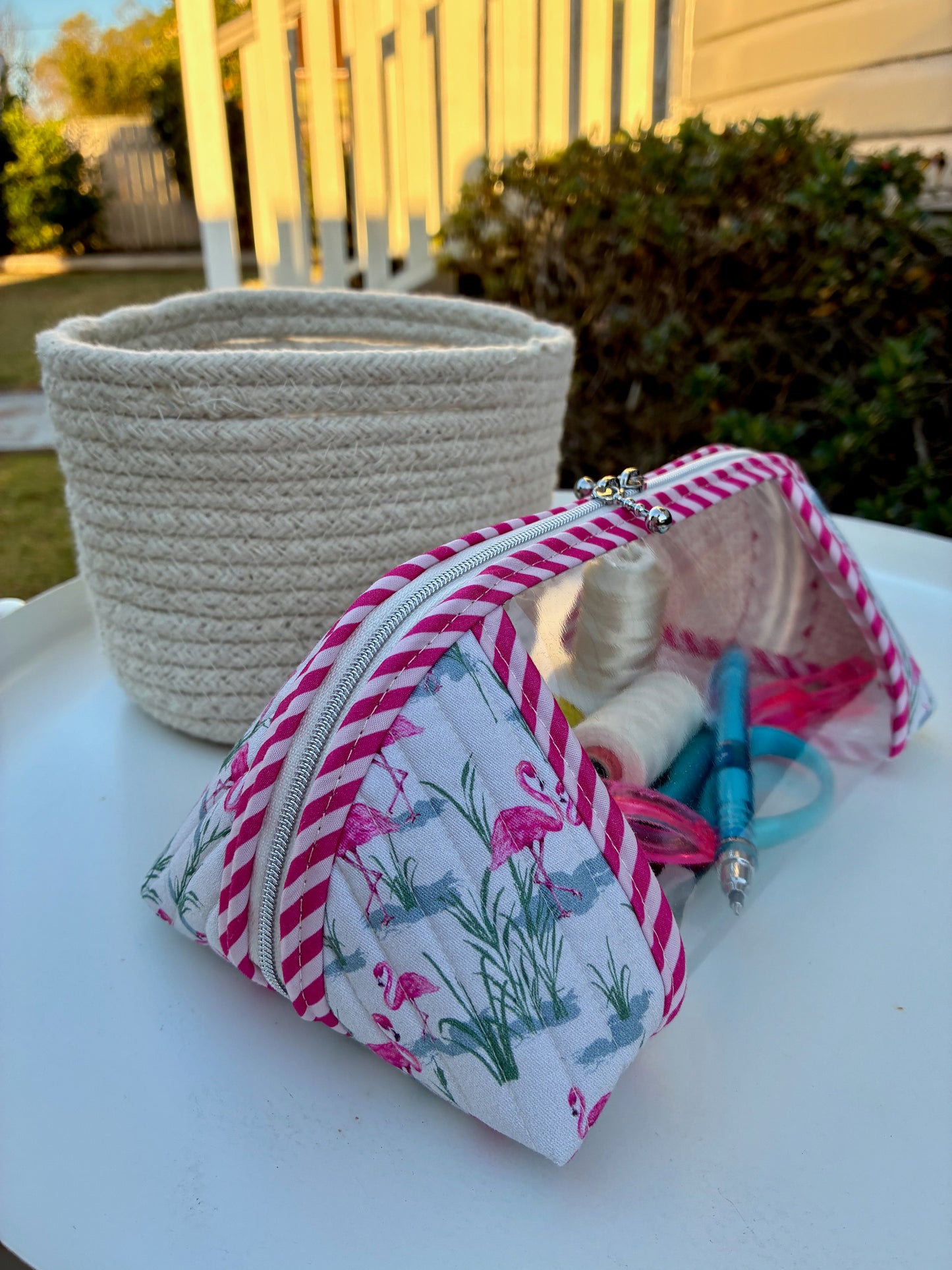 CUSTOM ORDER FOR ALISON - Clearly Trixie pouch - Flamingos with Reeds (Lisa Green Pattern Designs)