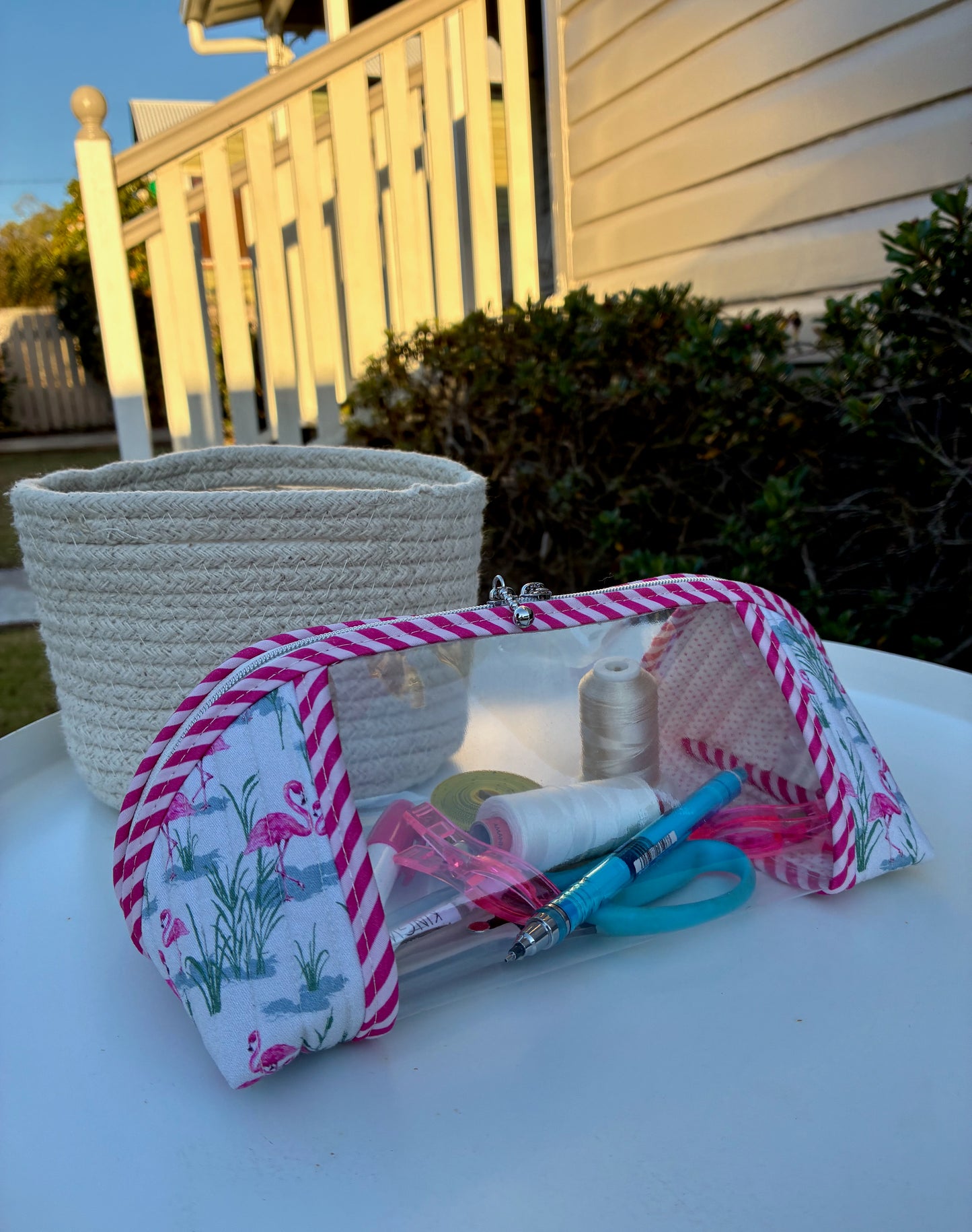 CUSTOM ORDER FOR ALISON - Clearly Trixie pouch - Flamingos with Reeds (Lisa Green Pattern Designs)