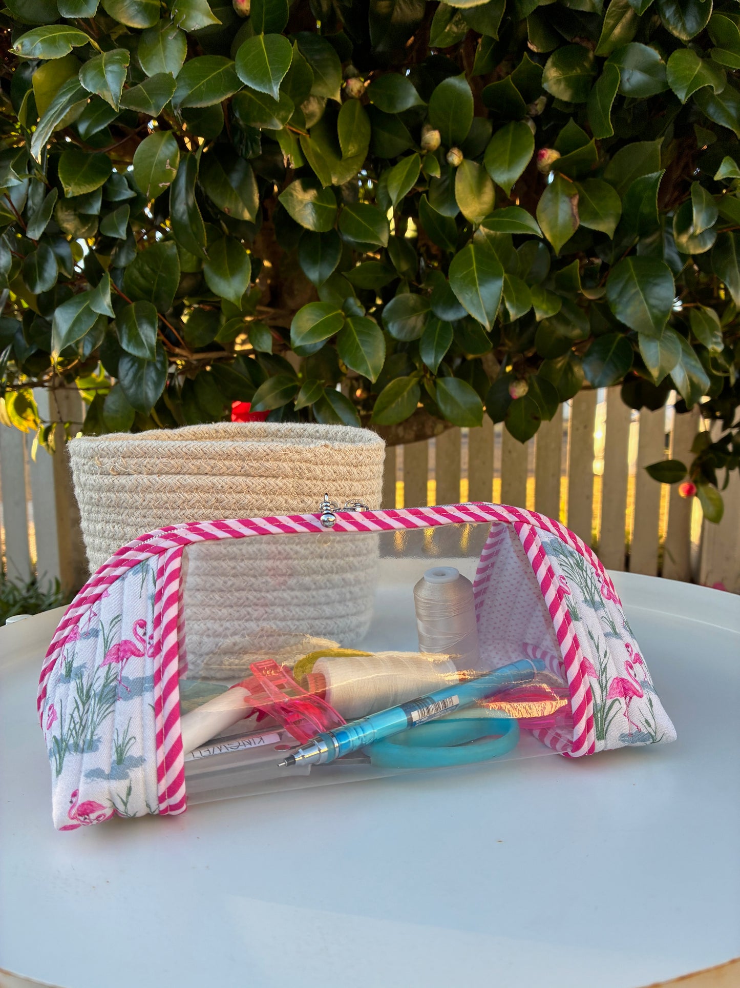 CUSTOM ORDER FOR ALISON - Clearly Trixie pouch - Flamingos with Reeds (Lisa Green Pattern Designs)