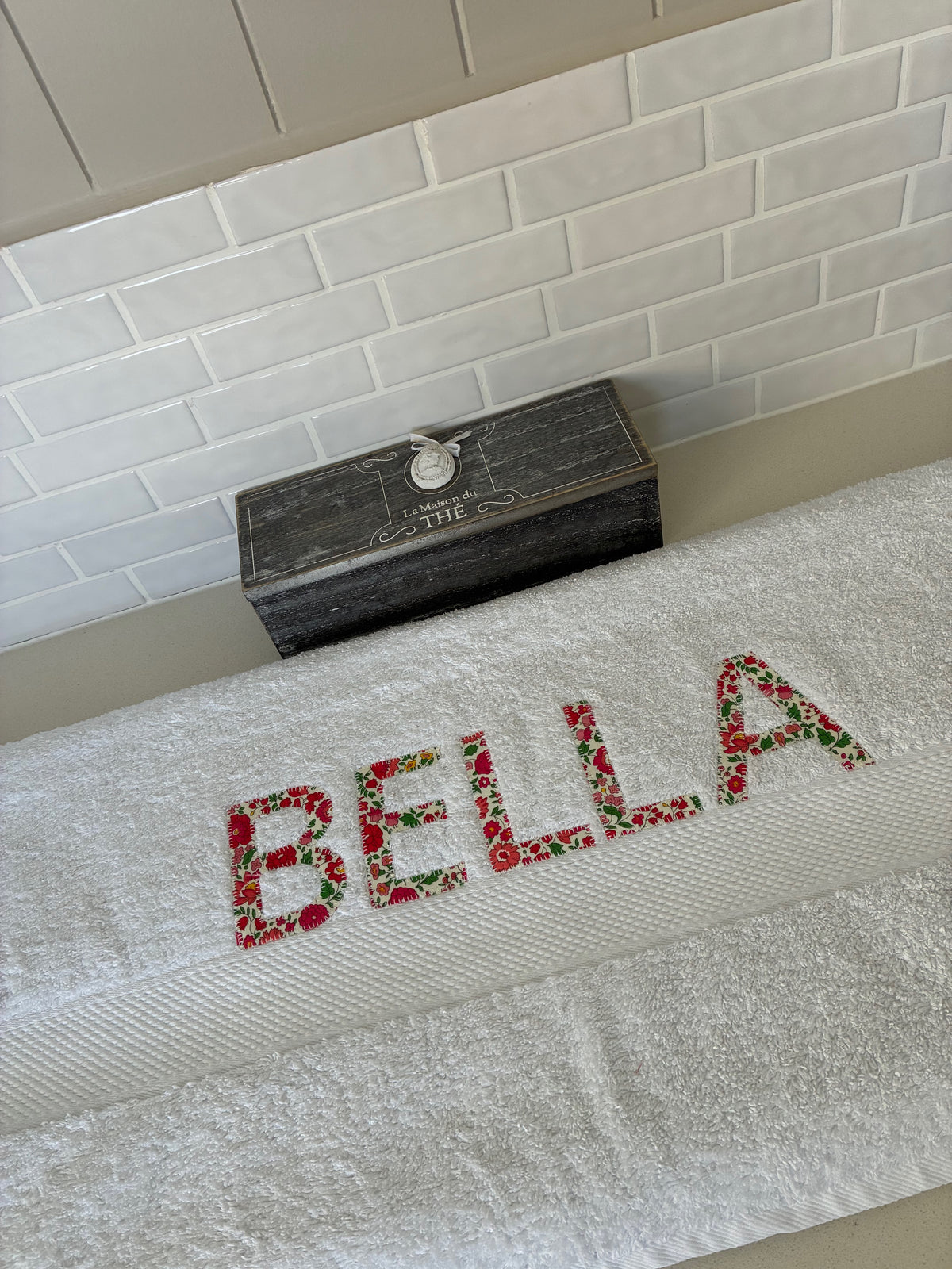 Personalised Bath Towels using Liberty of London Betsy Red for Appliqué