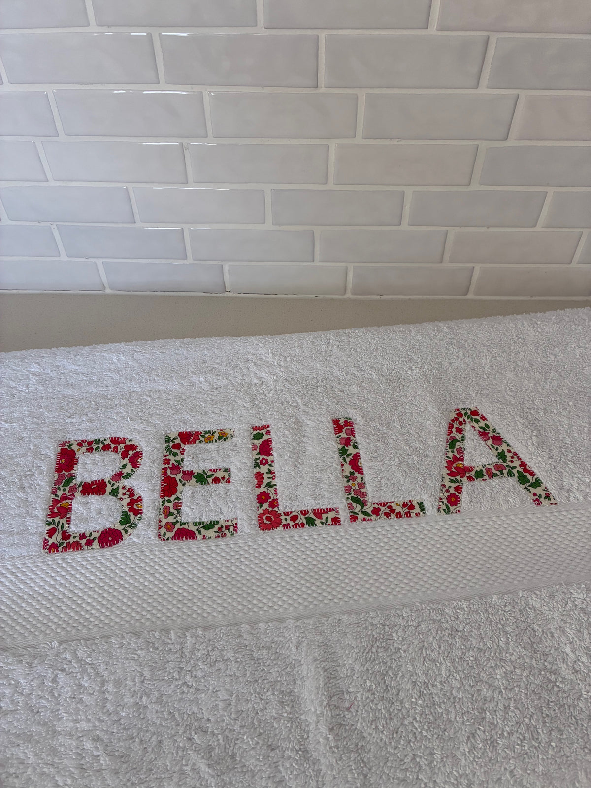 Personalised Bath Towels using Liberty of London Betsy Red for Appliqué